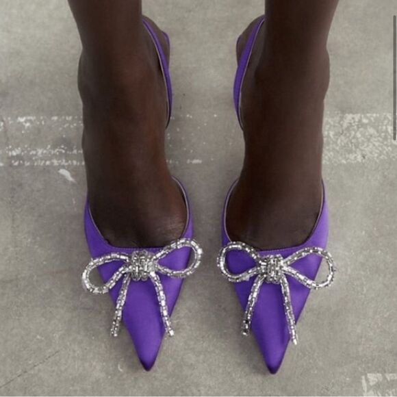 Zara Shoes - ZARA 💜 EMBELLISHED RHINESTONE BOW HEELED SLINGBACKS-  Size 9 Purple 🔥